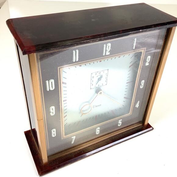 TESTED MCM Art Deco Mantle Wind Up Clock Lucite Metal Elexa Corp USA - Picture 3 of 10